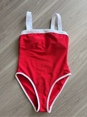 LainSnow Red One-Piece Swimsuit with White Trim Straps
